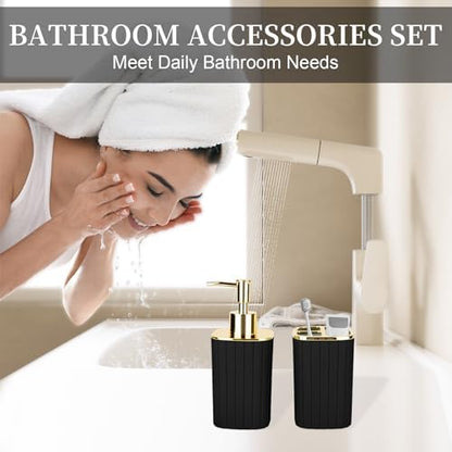 Black and Gold Bathroom Accessories, Soap Dispenser and Toothbrush Holder
