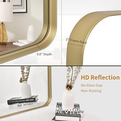VooBang Bathroom Mirror 24x36 inch, Gold Gorgeous Deep Frame Wall Mirror, Modern Round Corner Bathroom Vanity Mirror for Bedroom, Living Room, Hanging or Leaning Horizontal or Vertical, Gold
