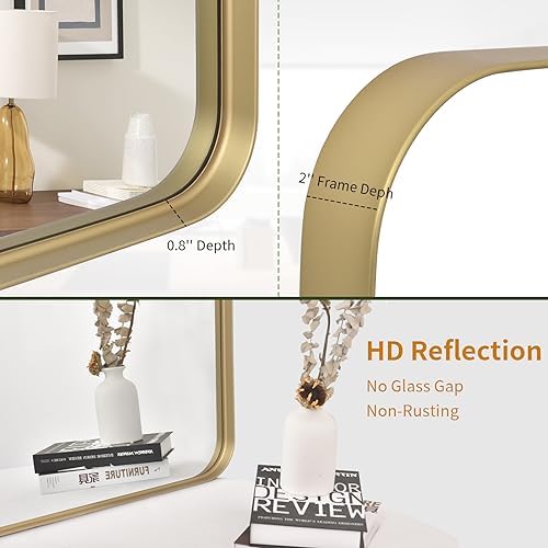 VooBang Bathroom Mirror 30x40 inch, Gold Gorgeous Deep Frame Wall Mirror, Modern Round Corner Bathroom Vanity Mirror for Bedroom, Living Room, Hanging or Leaning Horizontal or Vertical, Gold