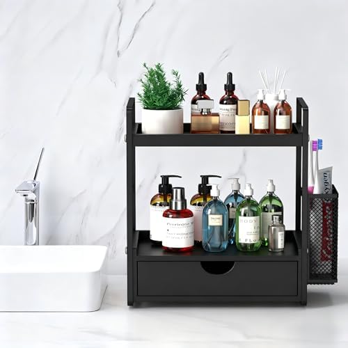 LEMIKKLE Bathroom Counter Organizer with Basket, Bathroom Organizers and Storage,Skincare Organizers for Vanity,Storage Organizers for Bathroom, Kitchen, Dresser (Black with Drawer)