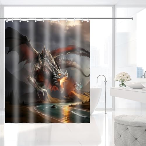 Fire Dragon Knight Fantasy Art Shower Curtain with Hooks 72 x 72 Inches