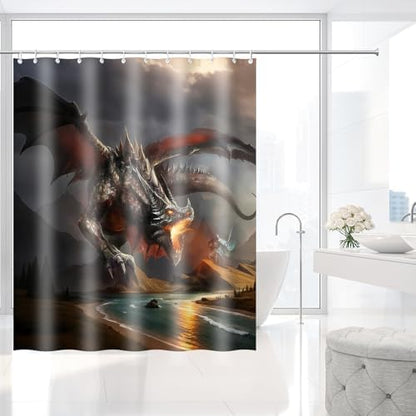 Fire Dragon Knight Fantasy Art Shower Curtain with Hooks 72 x 72 Inches