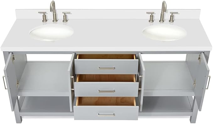 ARIEL Magnolia 72-inch Bathroom Vanity with Sink,Solid Wood, 1.5-inch Pure White Quartz Countertop & Backsplash, Double Oval Porcelain Sink, 4 Soft Closing Doors, 3 Dovetail Drawers, Grey