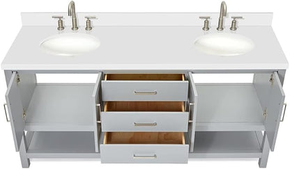 ARIEL Magnolia 72-inch Bathroom Vanity with Sink,Solid Wood, 1.5-inch Pure White Quartz Countertop & Backsplash, Double Oval Porcelain Sink, 4 Soft Closing Doors, 3 Dovetail Drawers, Grey