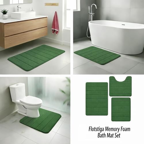 Memory Foam Bath Mat Set 3 Piece，Super Soft Absorbent Bathroom Rug Non Slip, Quick Dry,Machine Wash, Perfect Plush Bathroom Rugs,Home Decor Accessories,Dark Green