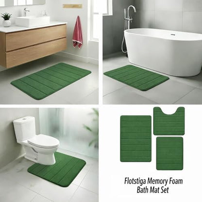 Memory Foam Bath Mat Set 3 Piece，Super Soft Absorbent Bathroom Rug Non Slip, Quick Dry,Machine Wash, Perfect Plush Bathroom Rugs,Home Decor Accessories,Dark Green