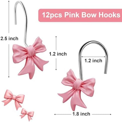 Bow Knot Decorative Shower Curtain Hooks, 12pcs Pink Cute Art Deco Resin Rust Resistant Hooks Glide Shower Ring Hangs Holder Bling for Girl Bathroom Baby Room Nursery