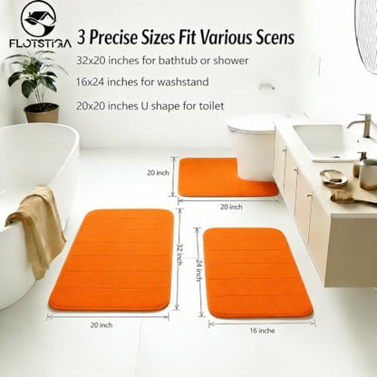 Memory Foam Bath Mat Set 3 Piece，Super Soft Absorbent Bathroom Rug Non Slip, Quick Dry,Machine Wash, Perfect Plush Bathroom Rugs,Home Decor Accessories,Orange