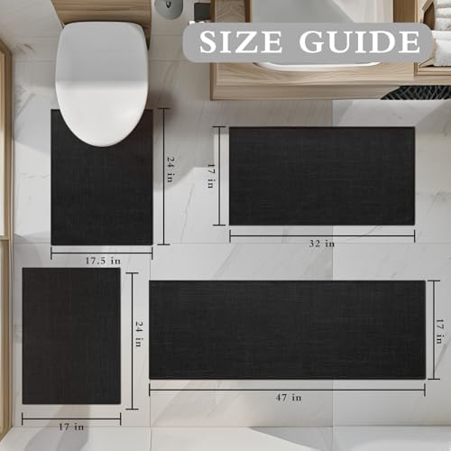 YIHOUSE Bathroom Rugs Thin Bath Mat Sets 4 Pieces Quick Dry,Black