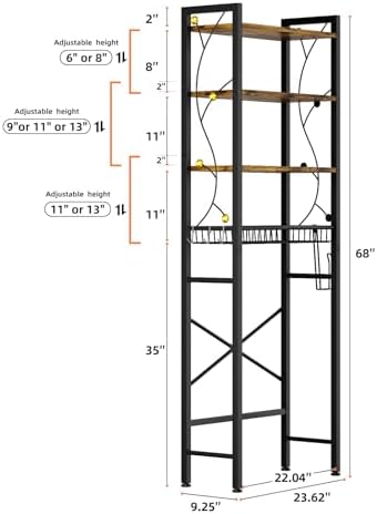 Over-The-Toilet Storage Rack, 4-Tier Bathroom Organizer Shelf Over Toilet with Adjustable Shelf and Basket, Freestanding Space Saver Bathroom Shelves Above Toilet for Room (Rustic Brown)