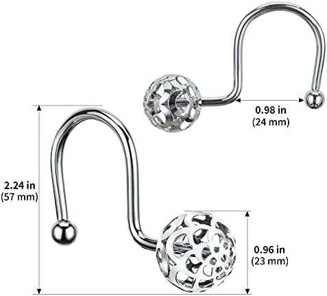 Chictie Silver Shower Curtain Hooks - Oil Rubbed Chrome Decorative Shower Curtain Rings,Set of 12 Bling Metal Rustproof Shower Hangers for Bathroom Curtains Rods Hollow Ball Design