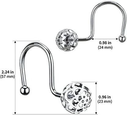 Chictie Silver Shower Curtain Hooks - Oil Rubbed Chrome Decorative Shower Curtain Rings,Set of 12 Bling Metal Rustproof Shower Hangers for Bathroom Curtains Rods Hollow Ball Design
