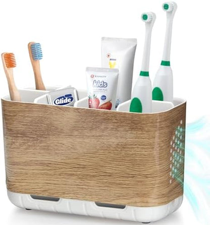 Boperzi Toothbrush and Toothpaste Holder Wood Grain for Bathroom Countertop with Adjustable Dividers, Toothpaste Caddy Organizer Storage Rustic Decor Set Freestanding Anti-Slip for Shower,Family,Kids