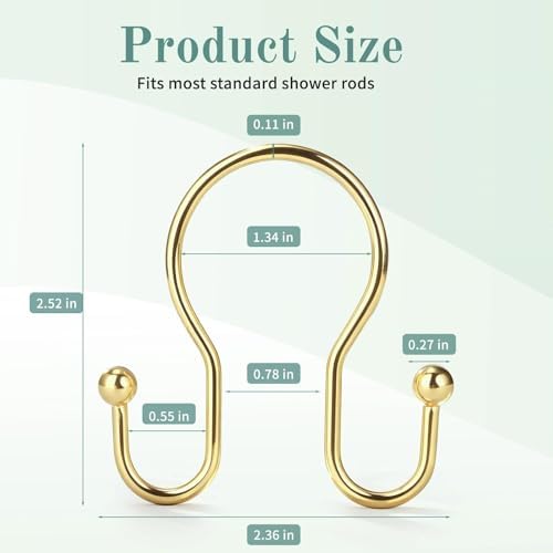 Goowin Shower Curtain Hooks, 12 Pcs Shower Curtain Rings, Stainless Steel Shower Curtain Hangers, Gold Shower Curtain Hooks Rings Rust Proof, Minimalist Shower Hooks for Shower Curtain, Gold