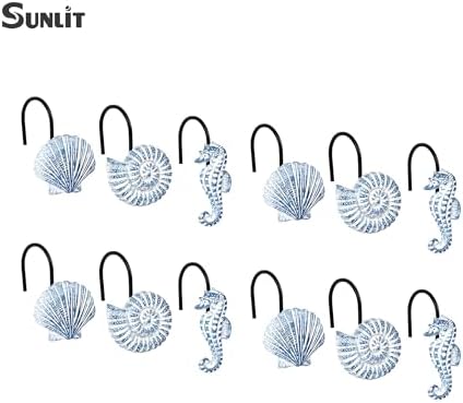 Sunlit Seashells Decorative Shower Curtain Hooks, Sky Blue Ocean Creatures Coastal Shower Curtain Rings with Black Hooks, Resin, Nautical Bathroom Decoration Beach Shower Curtain Hooks, Set of 12