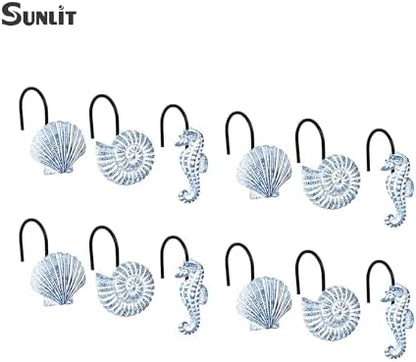Sunlit Seashells Decorative Shower Curtain Hooks, Sky Blue Ocean Creatures Coastal Shower Curtain Rings with Black Hooks, Resin, Nautical Bathroom Decoration Beach Shower Curtain Hooks, Set of 12