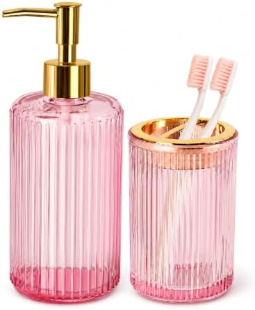Pink Glass Bathroom Accessories Set, Soap Dispenser and Toothbrush Holder
