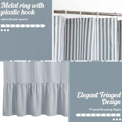HunnmingRe Dust Blue Farmhouse Striped Shower Curtain Ruffle Hem 72x72''