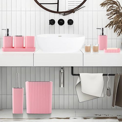 XLHOMO Pink Bathroom Accessories Set - Gorgeous Bathroom Set, 10PC Bathroom Accessory Set, Toilet Brush, Trash Can, Qtip Holder & Soap Dispenser