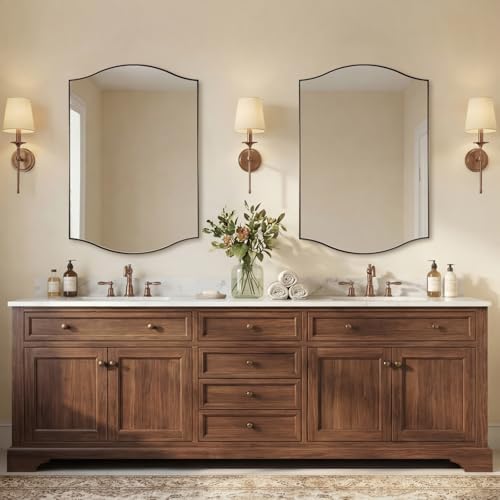 ANDY STAR 26"x38" Scalloped Mirror for Bathroom，Brushed Bronze Rectangle Wall Mirror with Curved Edge Stainless Steel Metal Frame, Wall-Mounted Mirror for Bathroom, Entryway, Living Room