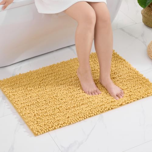 Disolla Small Bath Mat 17x24 Inch - Chenille Yellow Bathroom Rug, Extra Soft Absorbent Plush Shaggy Bathmat, Non-Slip Machine Washable Floor Mat for Shower, Tub and Sink