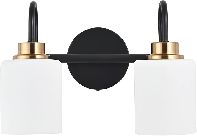Modern Matte Black and Gold Bathroom Vanity Light Fixtures 2 Lights Milky Glass Wall Sconce Light Modern Vanity Lights Over Mirror(Exclude E26 Bulb)