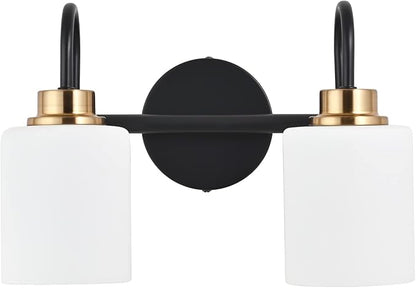 Modern Matte Black and Gold Bathroom Vanity Light Fixtures 2 Lights Milky Glass Wall Sconce Light Modern Vanity Lights Over Mirror(Exclude E26 Bulb)