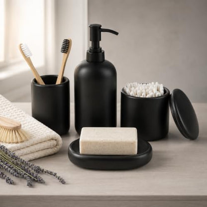 Ava Nord Modern Minimalist Ceramic Bathroom Accessories | Set of 4 | Black