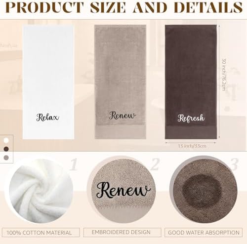 Tiamon 3 Pcs Bathroom Towel Decorative Set 100% Cotton Fluffy Bath Hand Towels for Guest Gifts Farmhouse Kitchen Hand Towels Home(White, Light Brown, Dark Brown,30 x 13 Inch,Relax Renew Refresh)