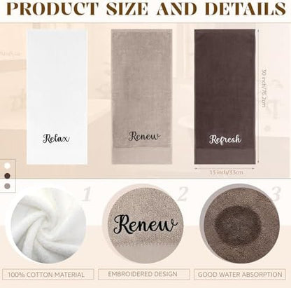Tiamon 3 Pcs Bathroom Towel Decorative Set 100% Cotton Fluffy Bath Hand Towels for Guest Gifts Farmhouse Kitchen Hand Towels Home(White, Light Brown, Dark Brown,30 x 13 Inch,Relax Renew Refresh)