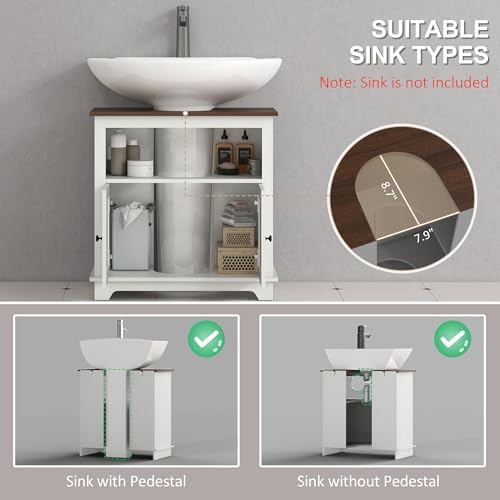 kleankin Farmhouse Under Sink Bathroom Cabinet, Pedestal Vanity Storage Cabinet with Double Doors and Storage Shelves, Bathroom Organizer, White