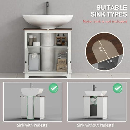 kleankin Farmhouse Under Sink Bathroom Cabinet, Pedestal Vanity Storage Cabinet with Double Doors and Storage Shelves, Bathroom Organizer, White