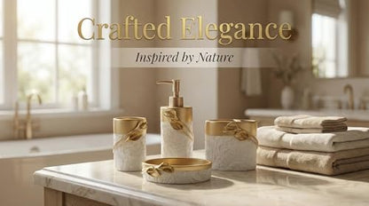 Hymmah Bathroom Accessories Set,Golden Design Toothbrush Holder,Farmhouse Bathroom Decor,4 Pcs Resin Gift Set Apartment Necessities, Contain Toothbrush Cup,Soap Dispenser,Soap Dish,Tumbler
