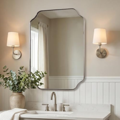 MIRRORART Brushed Nickel Bathroom Mirrors for Over Sink, 24x30‘’ Scalloped Silver Mirrors for Bathroom, Notched Corner Rectangle Mirror in 1’’ Stainless Steel Metal Frame Hang Vertical/Horizontal