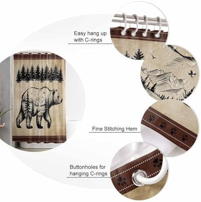 Shower Curtain Bathroom Set Bear Forest Mountains Animal Silhouette Waterproof Shower Curtains with Grommets Hooks Vintage Brown Gradient Privacy Bath Curtain for Bathtub Decor 60x72in