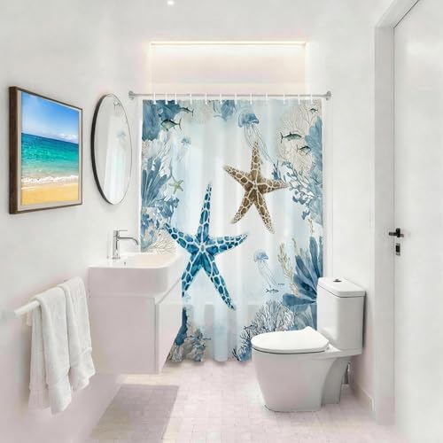 Watercolor Beach Shower Curtain for Bathroom, Ocean Coastal Theme, 72x72 In