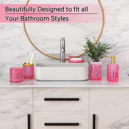 Hot-Pink Glass Bathroom Accessories Set 5 Pcs, Hot-Pink Bathroom Set, Soap Dispenser and Toothbrush Holder Set, Qtip Holder Set, Vintage Bathroom Sink Set, Cute Bathroom Decor