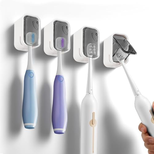 4 Pack Adhesive Wall Mount Toothbrush Holder - Waterproof Bathroom & Shower Organizer, No Drill Stick On Hanger for Manual/Electric Toothbrushes, Space Saving Storage Solution