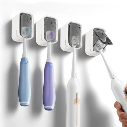 4 Pack Adhesive Wall Mount Toothbrush Holder - Waterproof Bathroom & Shower Organizer, No Drill Stick On Hanger for Manual/Electric Toothbrushes, Space Saving Storage Solution