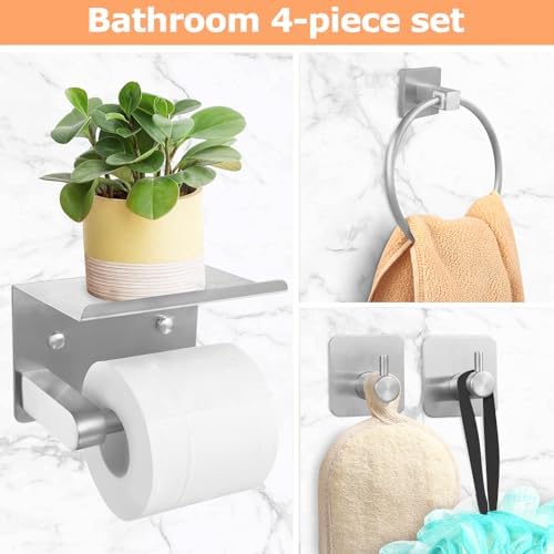 4 Piece Silver Bathroom Hardware Set, Stainless Steel Wall Mounted Towel Hooks, Ring & Oversized Toilet Paper Holder with Shelf, Modern Home Accessories for Bathroom, Washroom, Kitchens and RVs