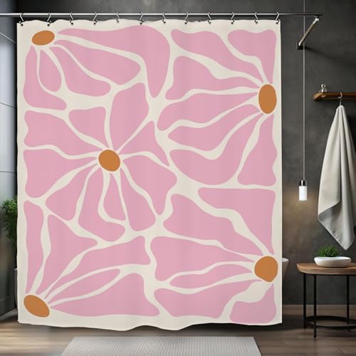 Matisse Flower Shower Curtain 60Wx72L Inch Abstract Retro Aesthetic Minimalist Vintage Art 70s Modern Pink Bathroom Set Accessories Decor with 12 Pack Hooks