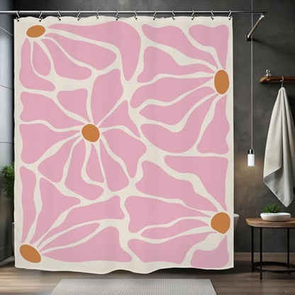 Matisse Flower Shower Curtain 60Wx72L Inch Abstract Retro Aesthetic Minimalist Vintage Art 70s Modern Pink Bathroom Set Accessories Decor with 12 Pack Hooks