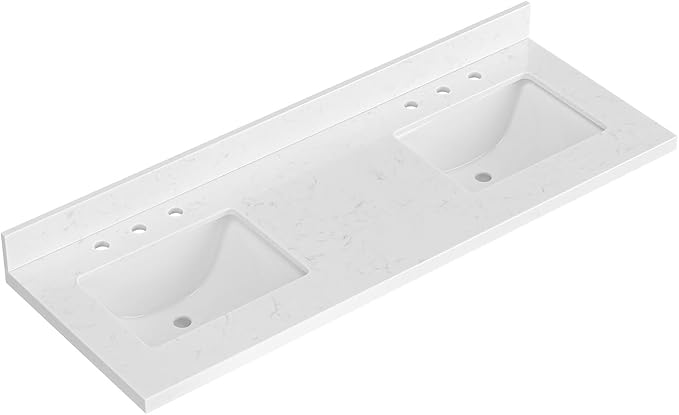 ARIEL 60 inch Double Bathroom Vanity top with Sink, 1.5 Inch Thick Miter Edge Carrara White Quartz top, Rectangle Double Sink Vanity top, Includes Backsplash