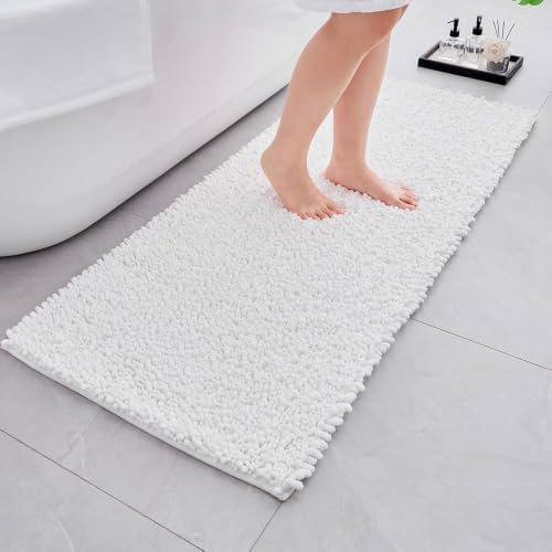 Bathroom Rugs Non Slip Washable 70x24, Extra Thick Soft Chenille Absorbent Bath Mat, High Density Barrier Non Slip Backing, Quick Dry Plush Shaggy Floor Carpet for Tub&Shower, White
