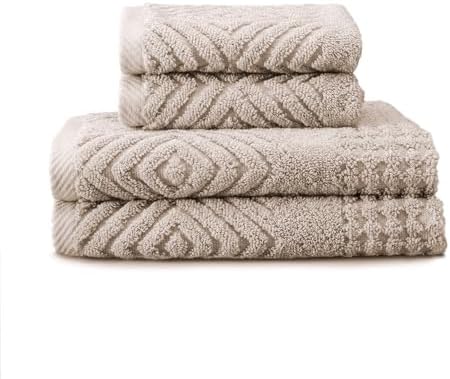 Texere 100% Organic Cotton Diamond Jacquard 700 GSM Luxury Bath Towel Sets - Ultra Soft and Absorbent Hotel and Spa Quality (Diamond, Oxford Tan, 2 Hand & 2 Face Towels)