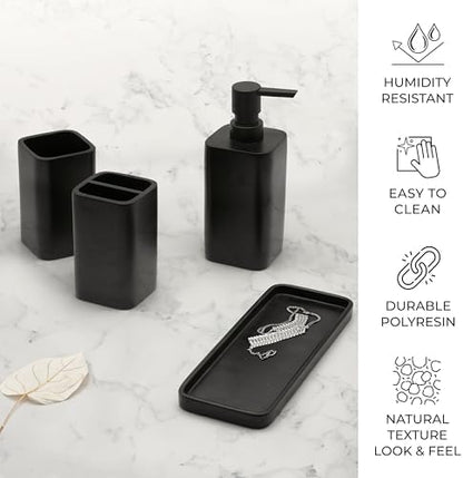 ZCCZ Bathroom Accessory Sets, 4 Pieces Bathroom Accessories Complete Set Vanity Countertop Accessory Set, Includes Lotion Dispenser Soap Pump, Tumbler, Toothbrush Holder and Tray (Matte Black)
