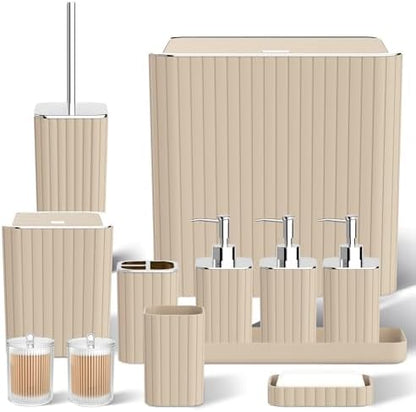 Bathroom Accessory Set - Bathroom Set, 12PC Bathroom Accessories Set, Beige Bathroom Accessories Set, Mini Trash Can, Toilet Brush, Trash Can & Soap Dispenser