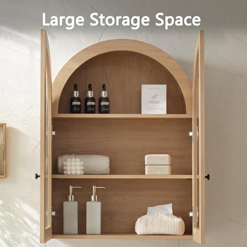 Bathroom Arched Wall Cabinet, 23.5'' Wide Medicine Cabinet, Bathroom Cabinet Wall Mount W/ Glass Doors & Adjustable Shelves, Over The Toilet Storage Cabinet for Laundry Room, Bedroom,Kitchen,Natural