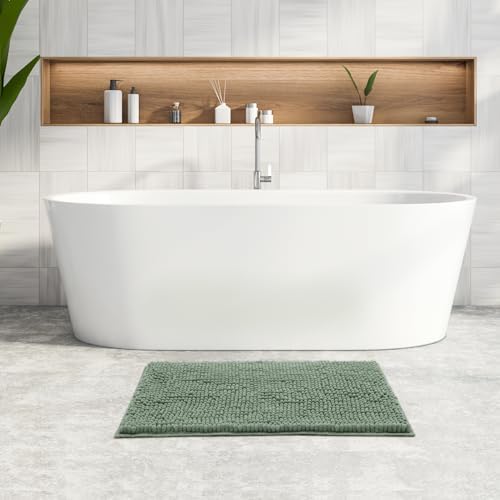 FRESHMINT Chenille Bathroom Rugs Mat 32"x20", Non-Slip Bath Mat for Bathroom Floor & Bathtub, Washable Soft Shower Shag Bath Rugs, Fluffy Thick Water Absorbent Microfiber Shower Mat, Sage Green