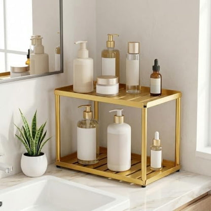 2 Tier Bathroom Counter Organizer, Rectangular Vanity Organizer Shelf, Skincare and Makeup Countertop Storage Rack for Kitchen, Bathroom, Bedroom Gold
